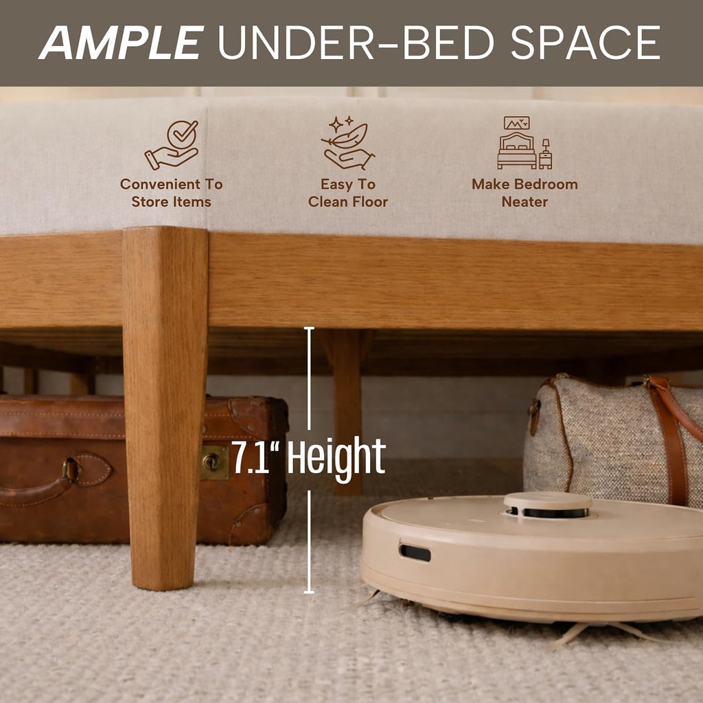 Woodmere Premium Queen Bed Frame, Solid Wood Platform Bed, Wood Slat Support, Tapered Solid Wood Legs, No Box Spring Needed, Mid-Century Modern Style, Easy Assembly (Honey)