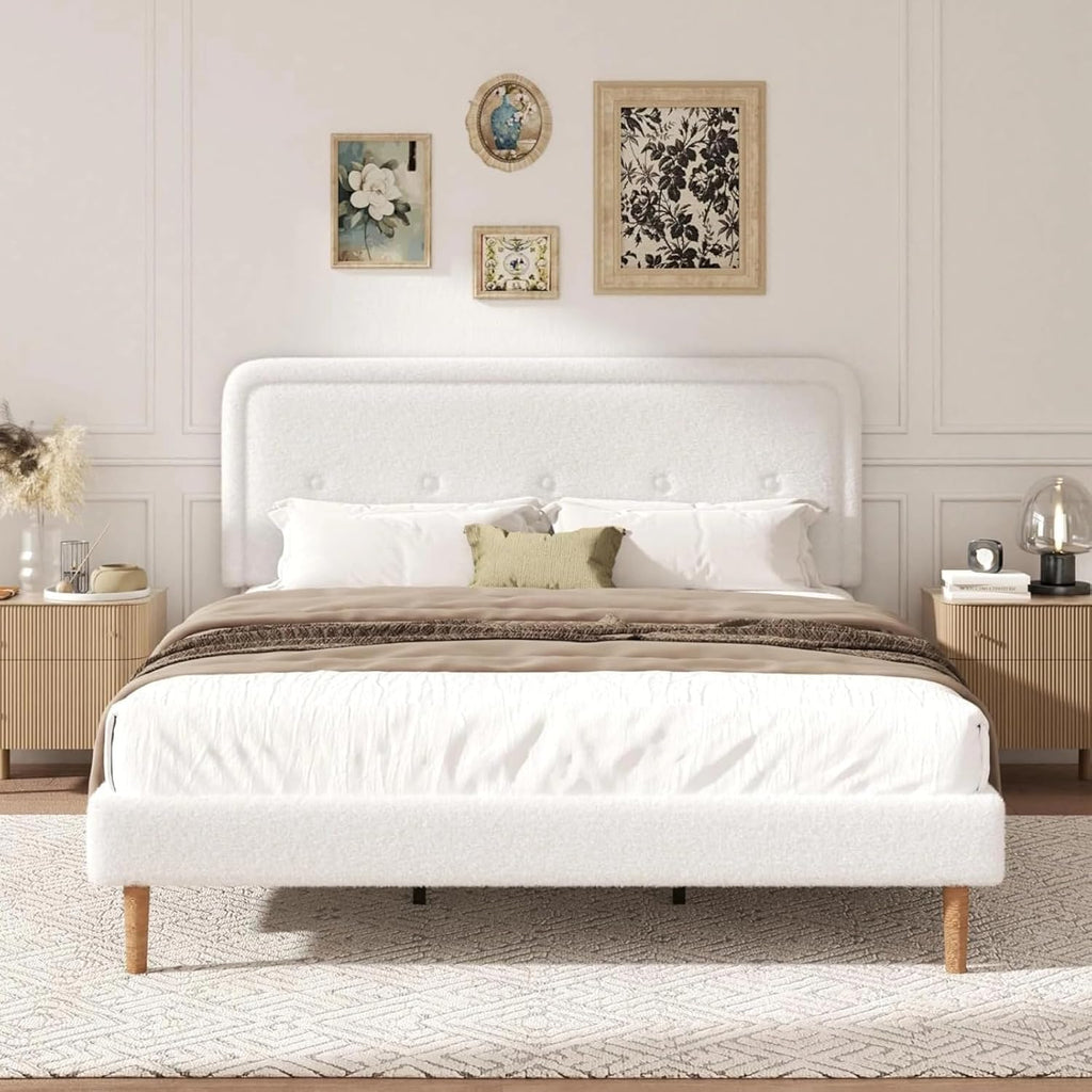 King Size Boucle Bed Frame with Adjustable Headboard, Cloud Boucle Upholstered Platform Bed Frame, Rounded Corners Design & Easy Assembly, Box Spring Optional, Noise Free, White