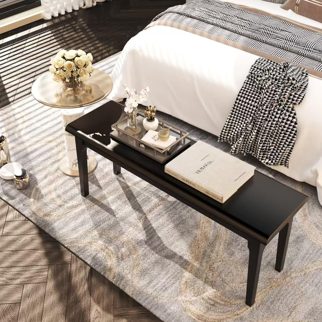 Wooden Entryway Bench, 47’’ Indoor End of Bed Bench, 100% Solid Oak Wood (Black)