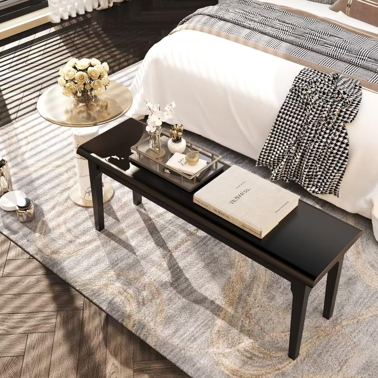 Wooden Entryway Bench, 47’’ Indoor End of Bed Bench, 100% Solid Oak Wood (Black)