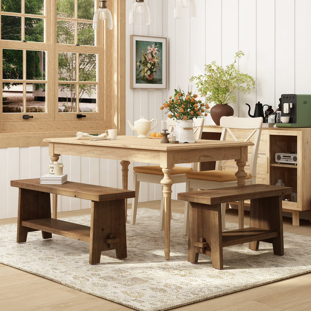 31.5'' Farmhouse Solid Wood Entryway Bench, Small Shoe Bench with Shelf for Indoor Bedroom