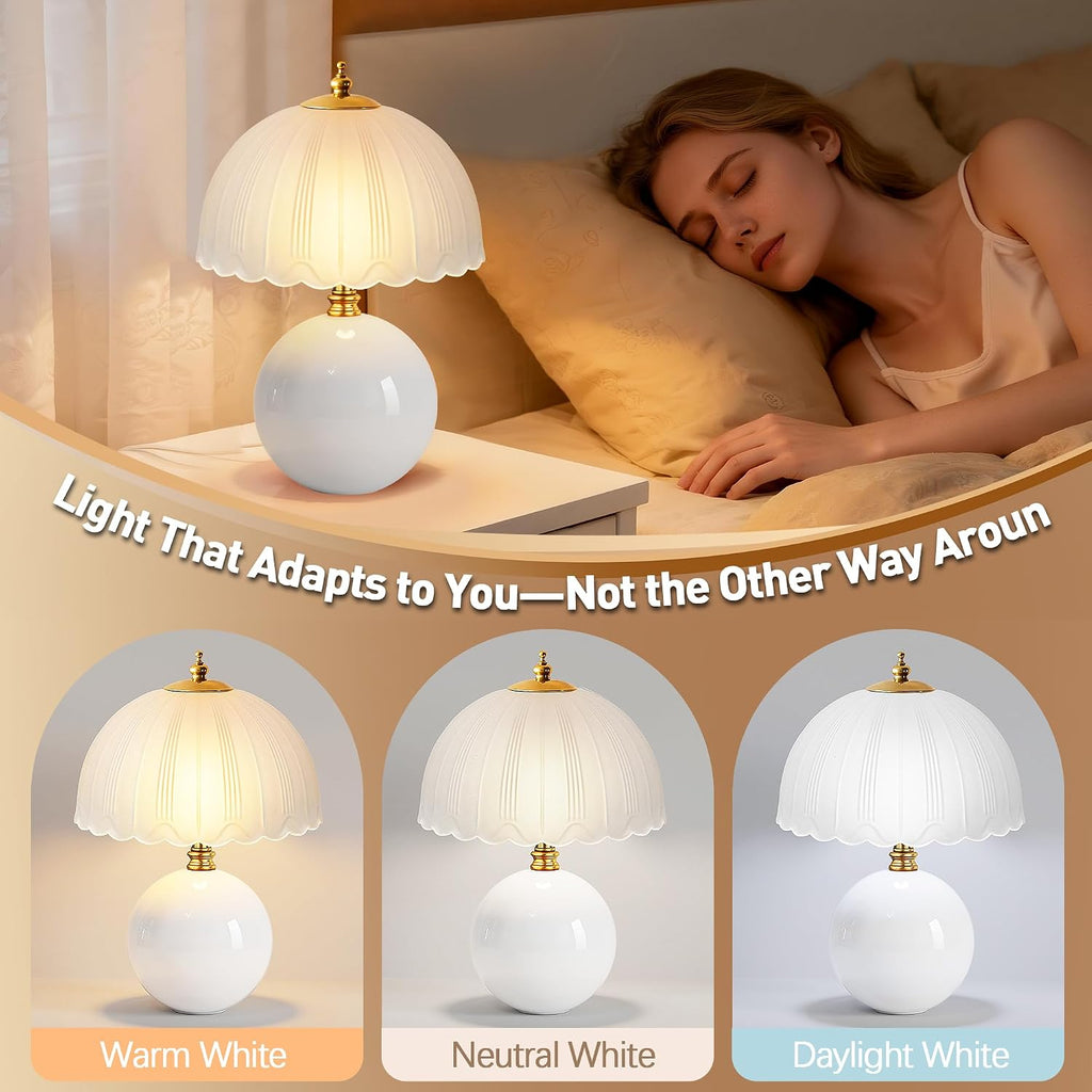 Mushroom Table Lamp, Ceramic Bedside Lamp with Glass Shade, 3-Way Lighting (2700K-5000K) Rocker Switch, Small Nightstand Lamp for Bedroom, Living Room, Office, White
