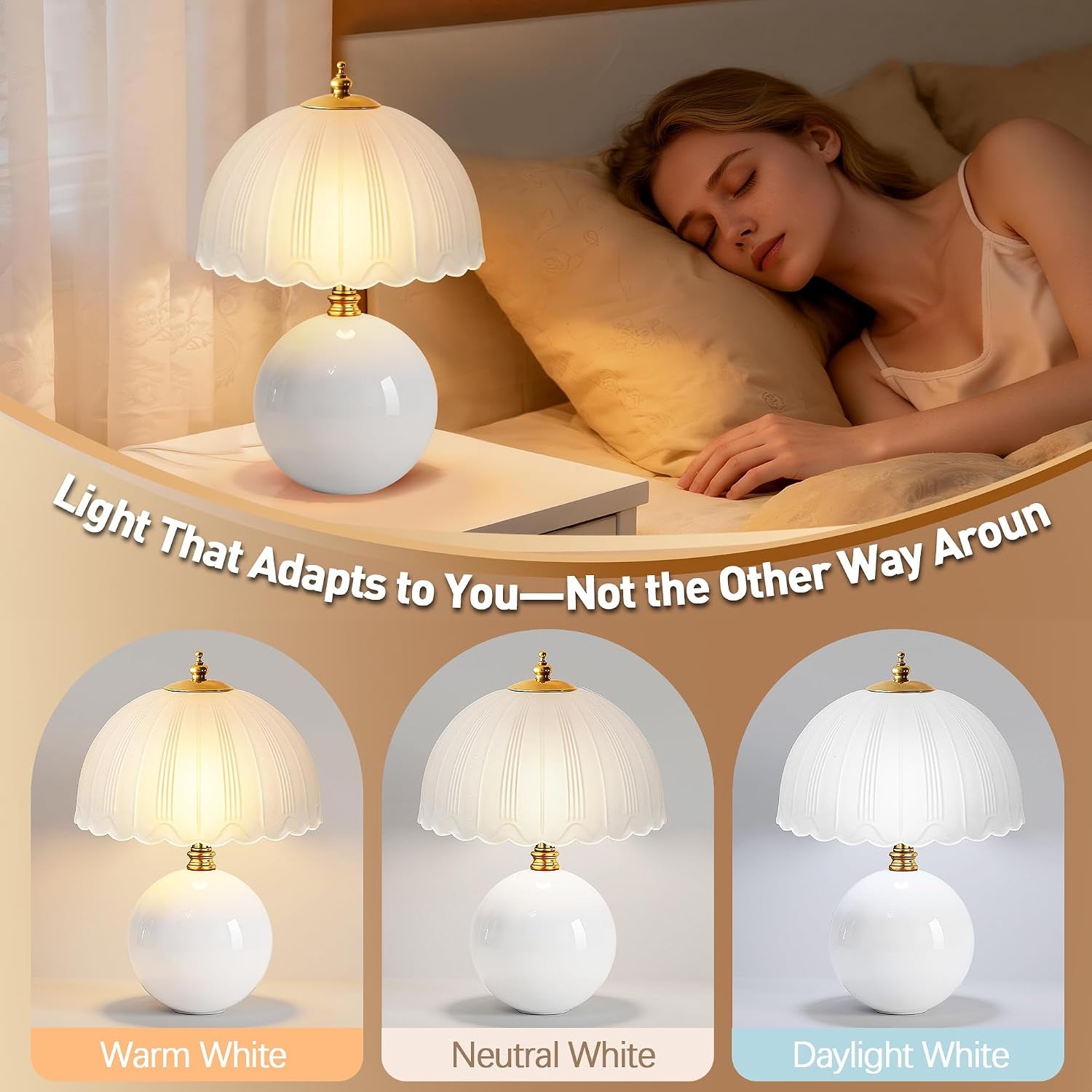 Mushroom Table Lamp, Ceramic Bedside Lamp with Glass Shade, 3-Way Lighting (2700K-5000K) Rocker Switch, Small Nightstand Lamp for Bedroom, Living Room, Office, White