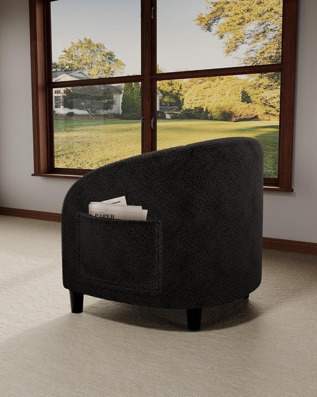 Accent Chair, Boucle Fabric Barrel Chairs, Comfy round Club Armchair with Soft Cushion for Living Room, Bedroom, Reading, Waiting Room, Black