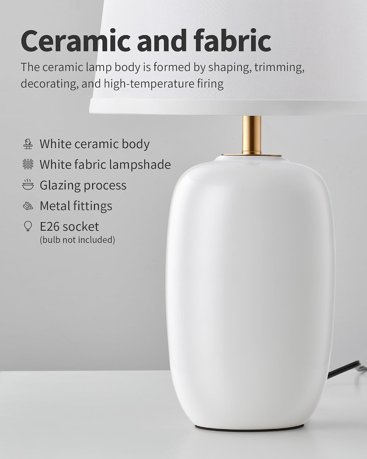 22 Inch White Ceramic Table Lamps Set of 2, Fabric Lampshade Desk Lamp | E26 Socket, Rotary Switch Lighting for Living Room, Office, Bedroom, Nightstand, Reading, Office, Study, Corner, Home Decor