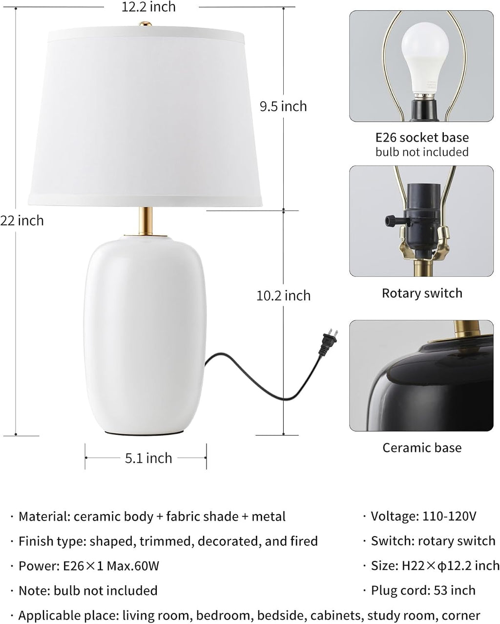 22 Inch White Ceramic Table Lamps Set of 2, Fabric Lampshade Desk Lamp | E26 Socket, Rotary Switch Lighting for Living Room, Office, Bedroom, Nightstand, Reading, Office, Study, Corner, Home Decor
