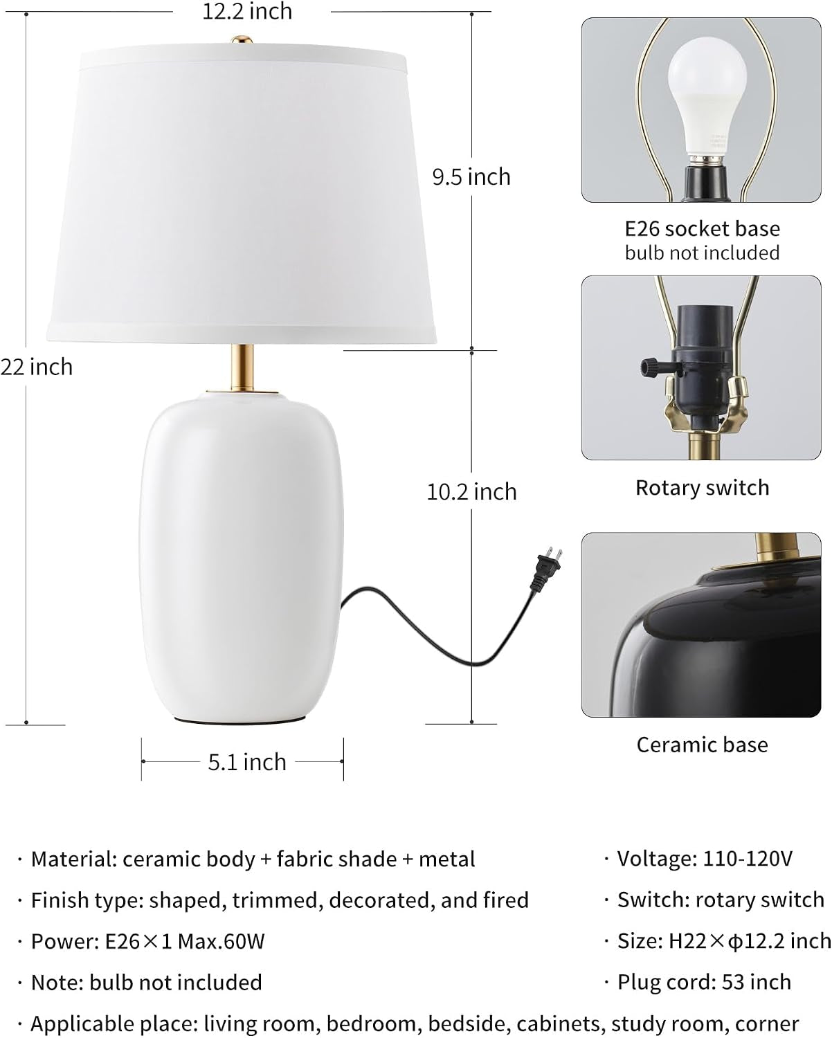 22 Inch White Ceramic Table Lamps Set of 2, Fabric Lampshade Desk Lamp | E26 Socket, Rotary Switch Lighting for Living Room, Office, Bedroom, Nightstand, Reading, Office, Study, Corner, Home Decor