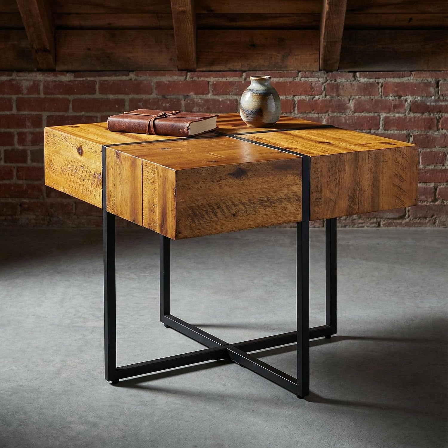 Landon End Table, Solid Wood with Black Metal Frame