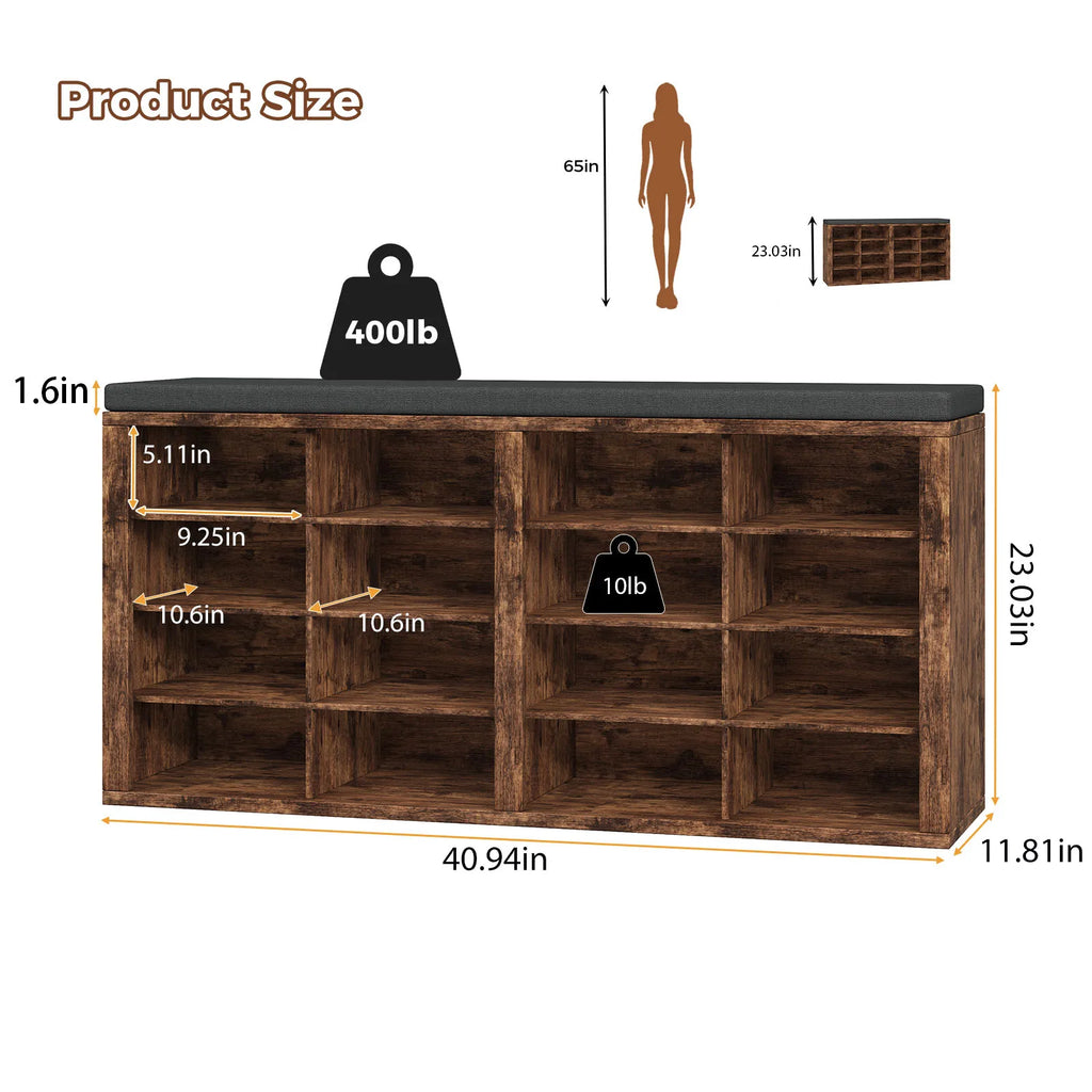 Shoe Storage Bench with Cushion 16 Cubby Shoe Rack Multifunctional Shoe Organizer Bench for Entryway Hallway Living Room Bedroom