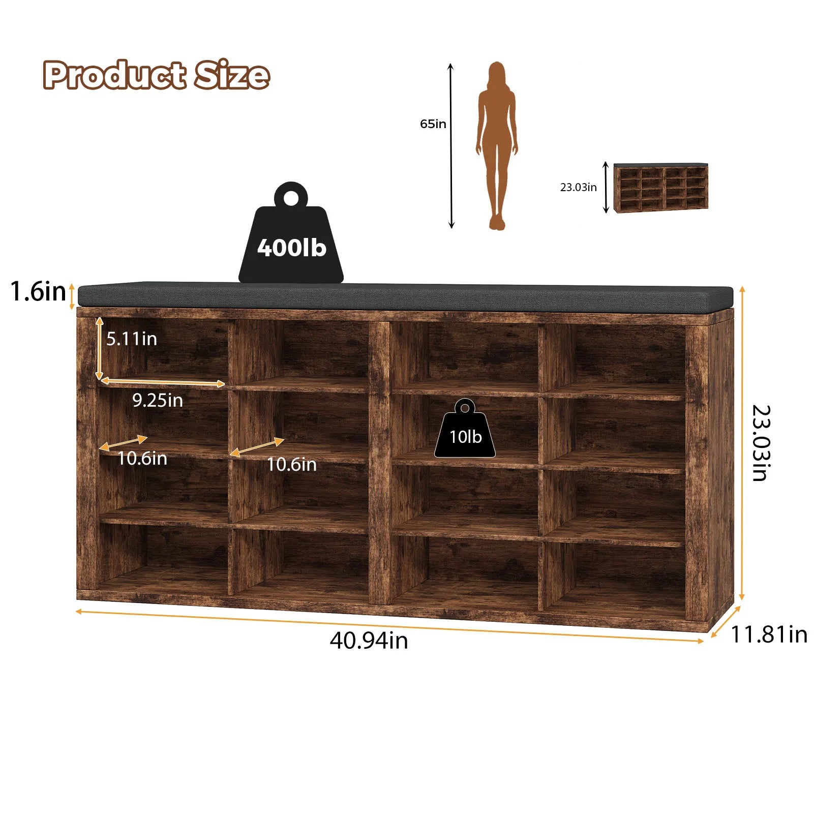 Shoe Storage Bench with Cushion 16 Cubby Shoe Rack Multifunctional Shoe Organizer Bench for Entryway Hallway Living Room Bedroom