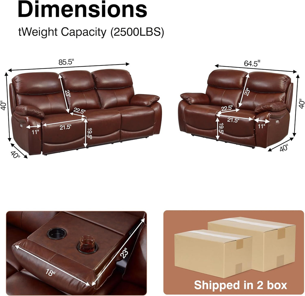 Brown Top Grain Leather Power Recliner Sofa Loveseat Set with USB Port. | Genuine Leather Reclining Sofa, Drop down Table, Ergonomic High Backrest, Cup Holders, Living Room Furniture Sets