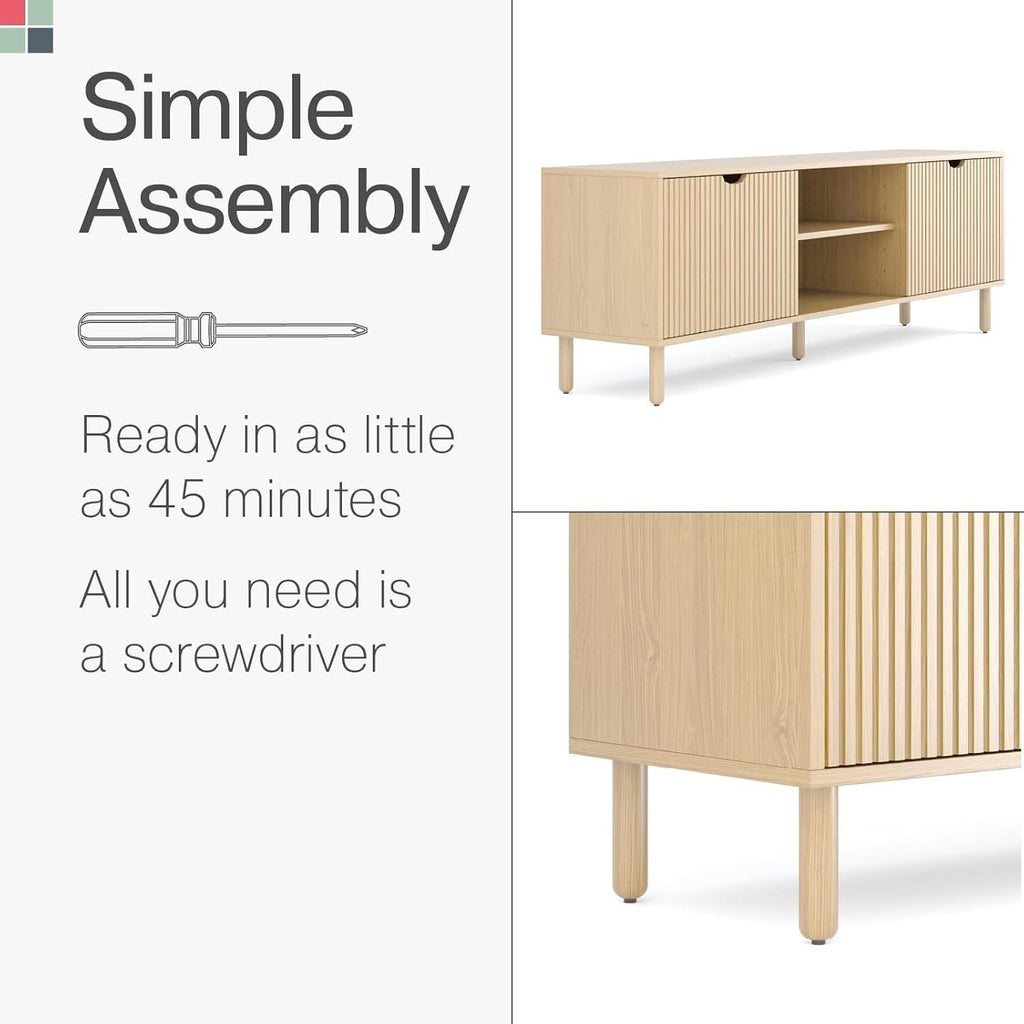 Contemporary Fluted TV Stand, 70 Inches TV Media Console, Supports 32 to 80" Tvs, Media Console Cabinet for Living Room and Bedrooms, Soft-Close Cabinet Doors (Light Oak)