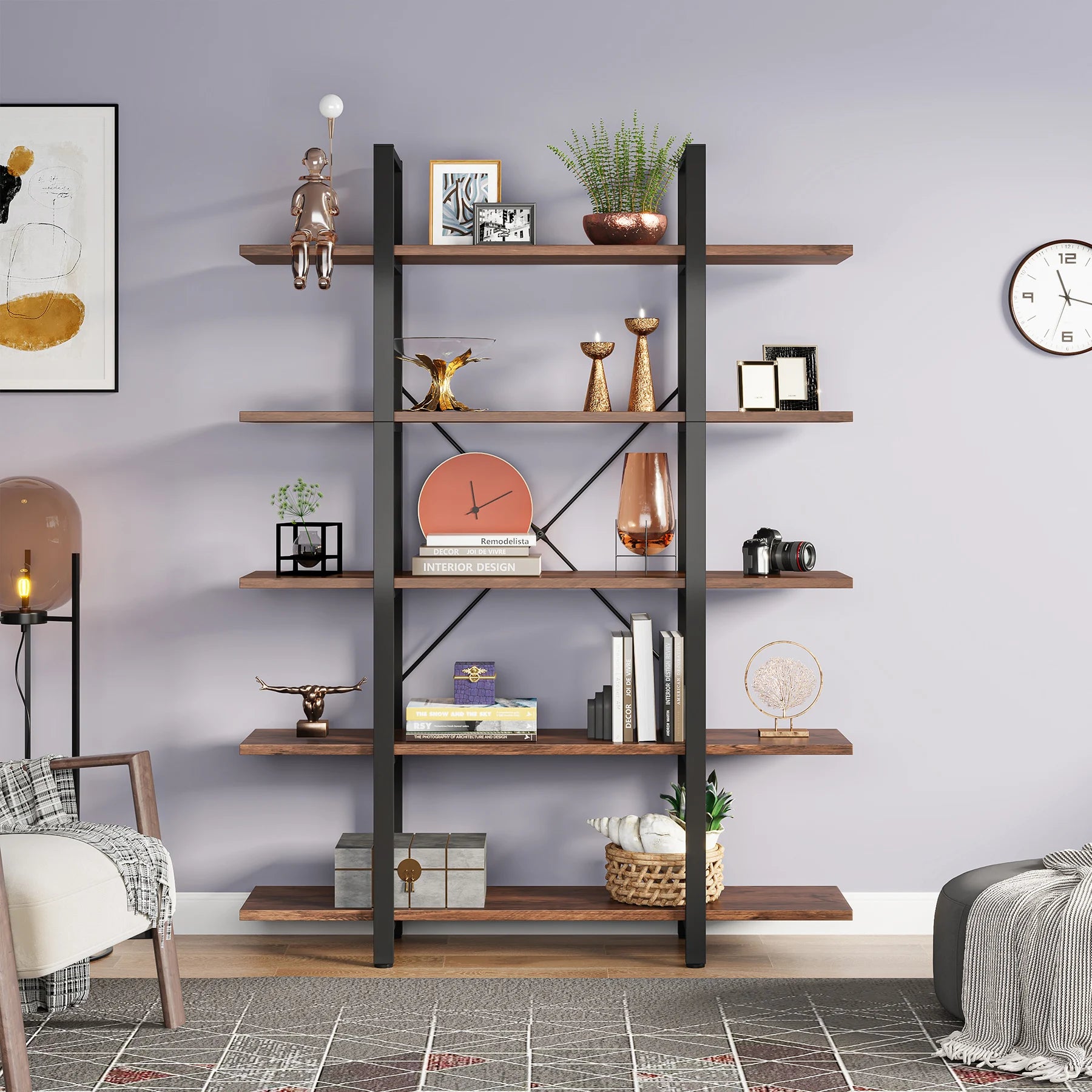 5-Tier Bookshelf, Vintage Industrial Style Bookcase 72 H X 12 W X 47L Inches