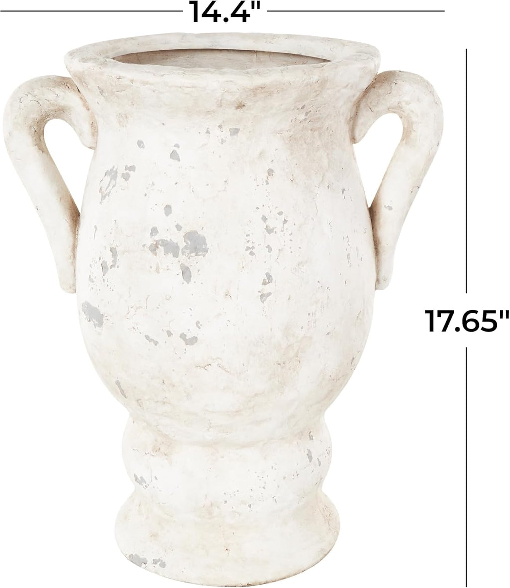 Deco 79 Ceramic Decorative Vase Antique Style Distressed Centerpiece Vase with Handles, Flower Vase for Home Decoration 14" X 11" X 18", Cream