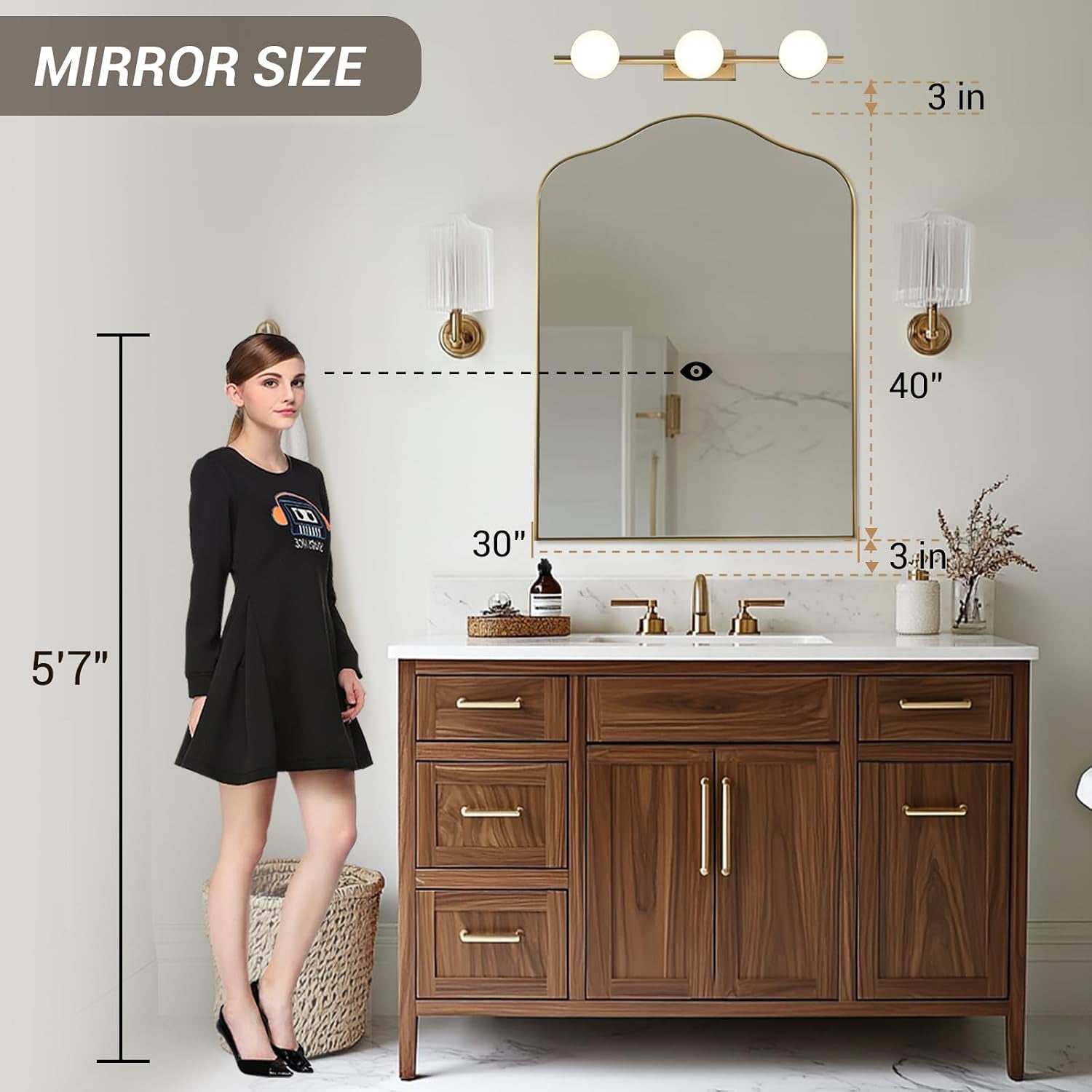 Brushed gold scalloped arched wall mirror