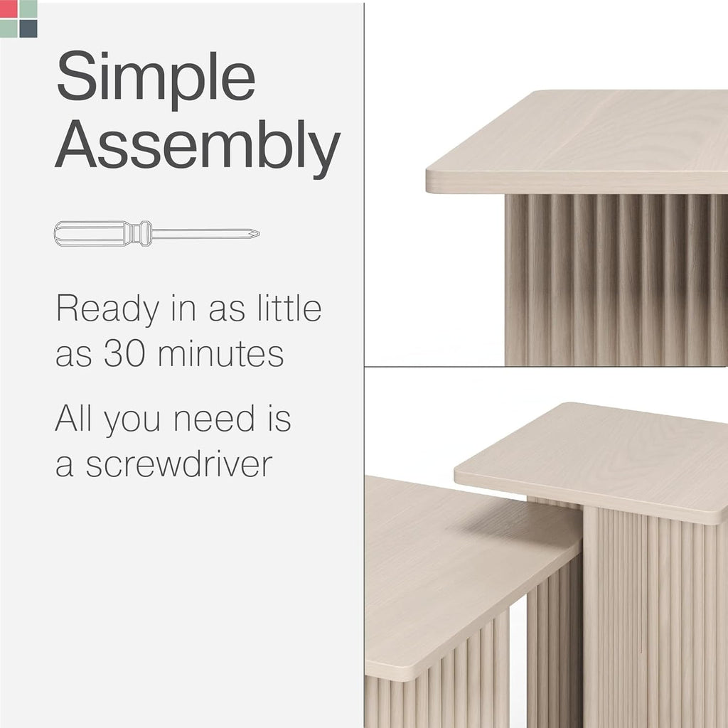 Square Nesting Coffee Table Set - Fluted Oak Base Center Table for Living Room - Wood Grain Veneer Top Living Room Ensemble Set - Easy Assembly Nesting Duo - Weathered White, 2-Piece