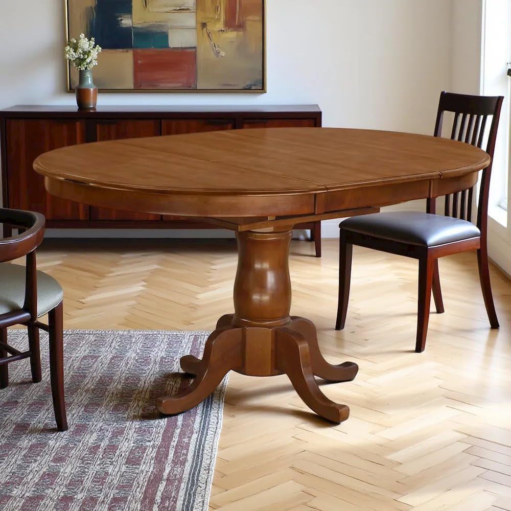 Oval Dining Table Solid Wood Expandable Table for 6 with 18" Butterfly Leaf, Classic Pedestal Base for Kitchen and Dining Spaces, Saddle Brown
