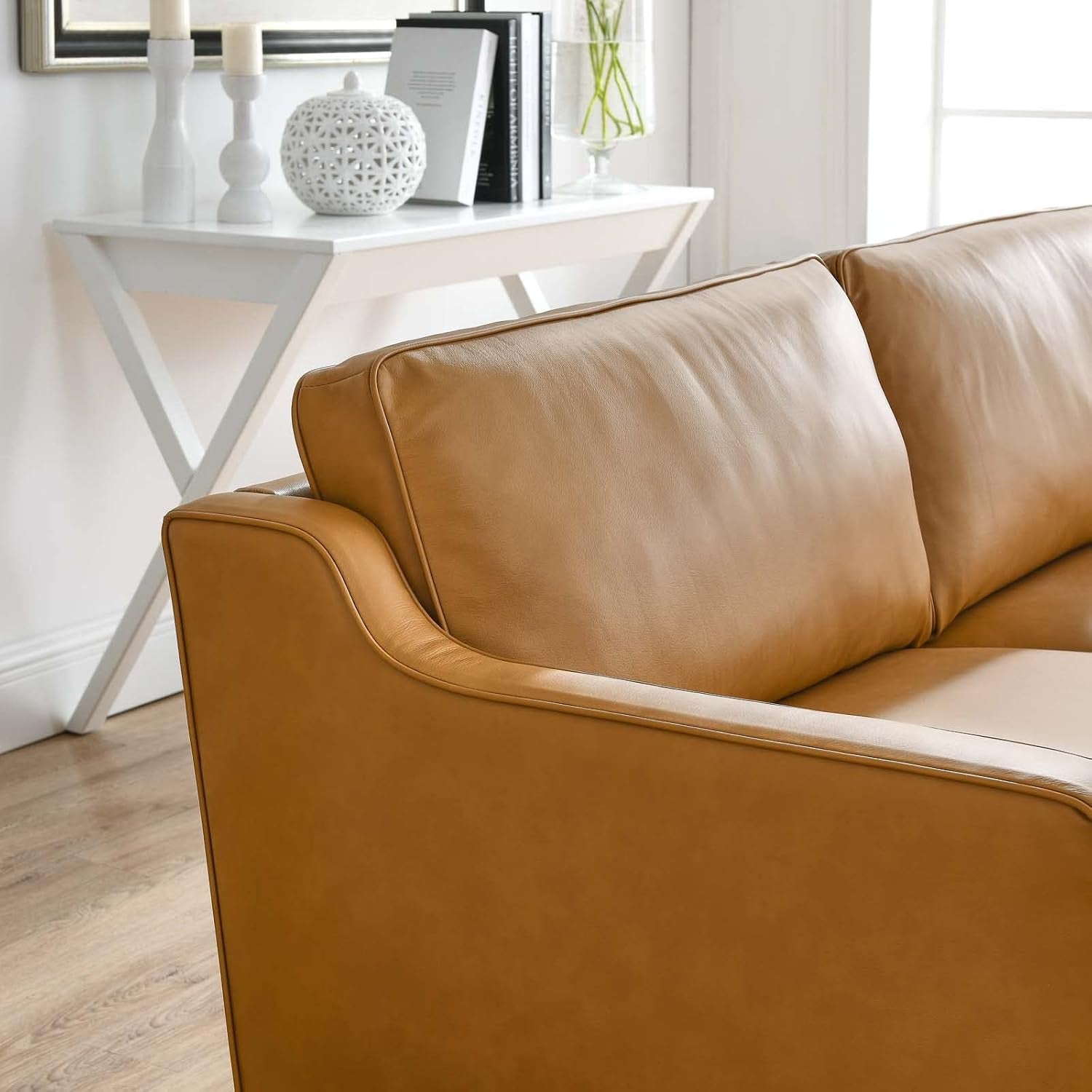 Impart Upholstered Genuine Leather Sofa in Tan