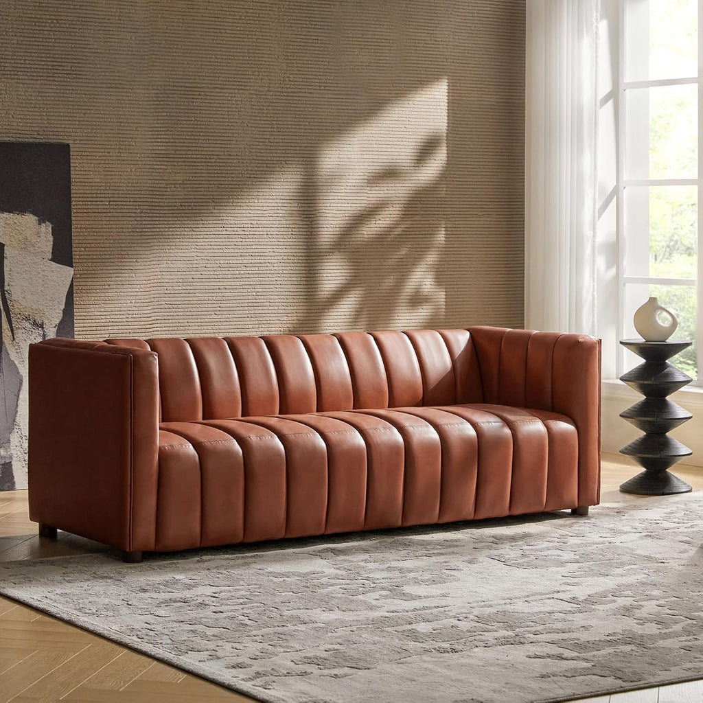 83" Genuine Leather Sofa with Channel Tufted Design, Brown | Modern 3-Seater Couch with Wood Legs, Supportive Seating, Easy Assembly, for Living Room Bedroom Apartment
