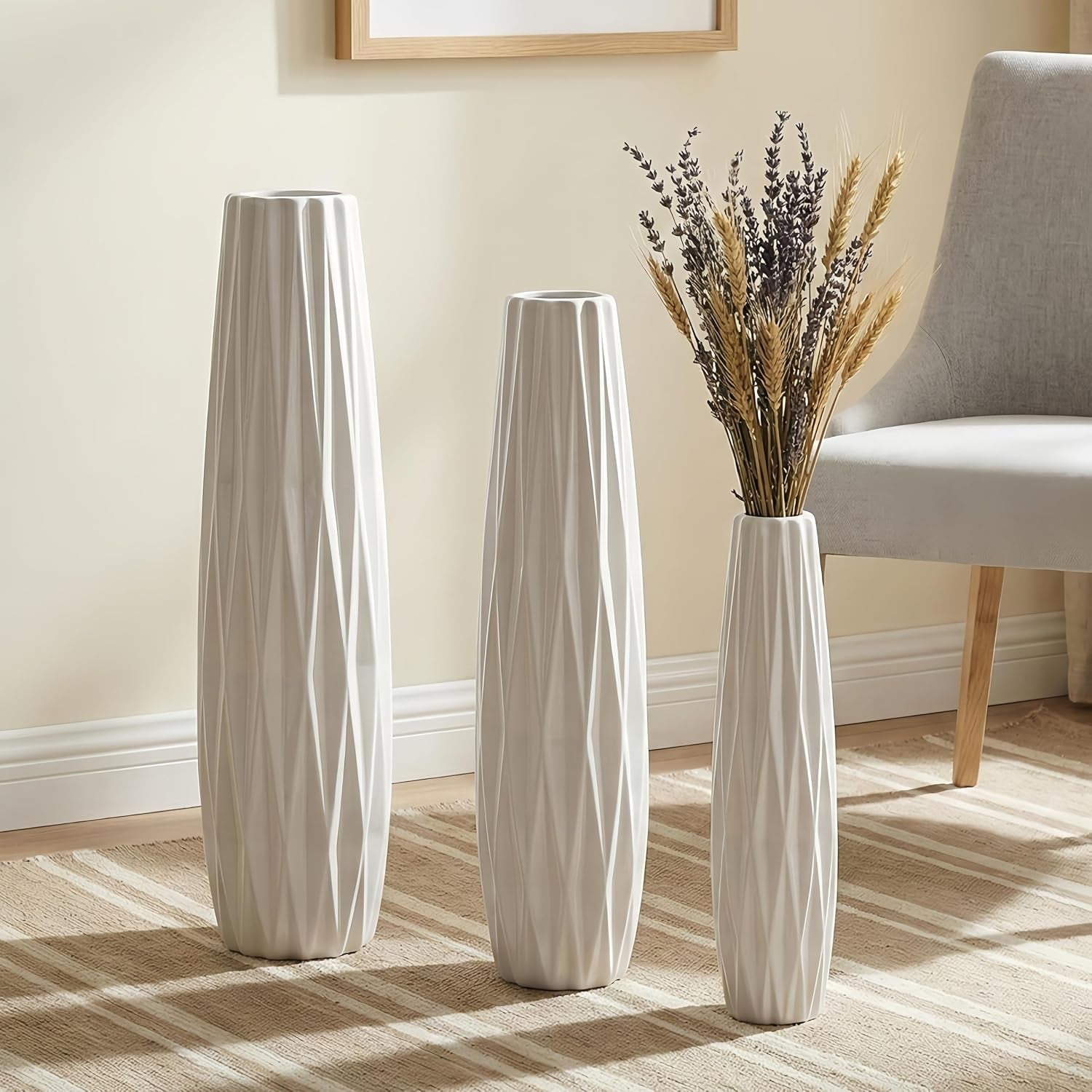 White Tall Ceramic Floor Vase, 15.7 Inch, Ribbed Design | Glossy Glazed Finish, Narrow Corners, Entryway, Bedroom, Compact Spaces