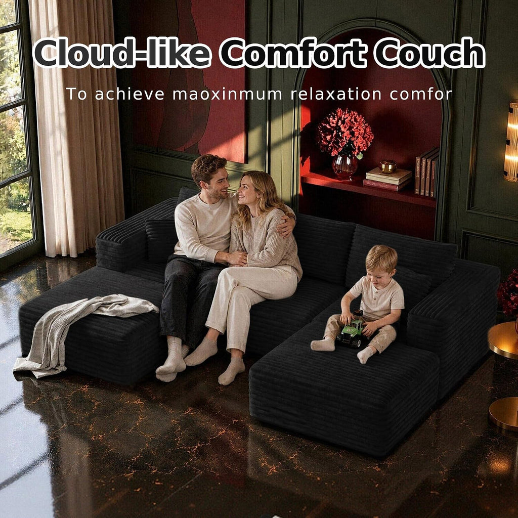 108" Boneless Sectional Cloud Couch for Living Room | U Shaped Sofa, Deep Seat, 2 Ottomans, Soft Corduroy Couches, No Assembly, Moudalr Couch in a Box (Black)