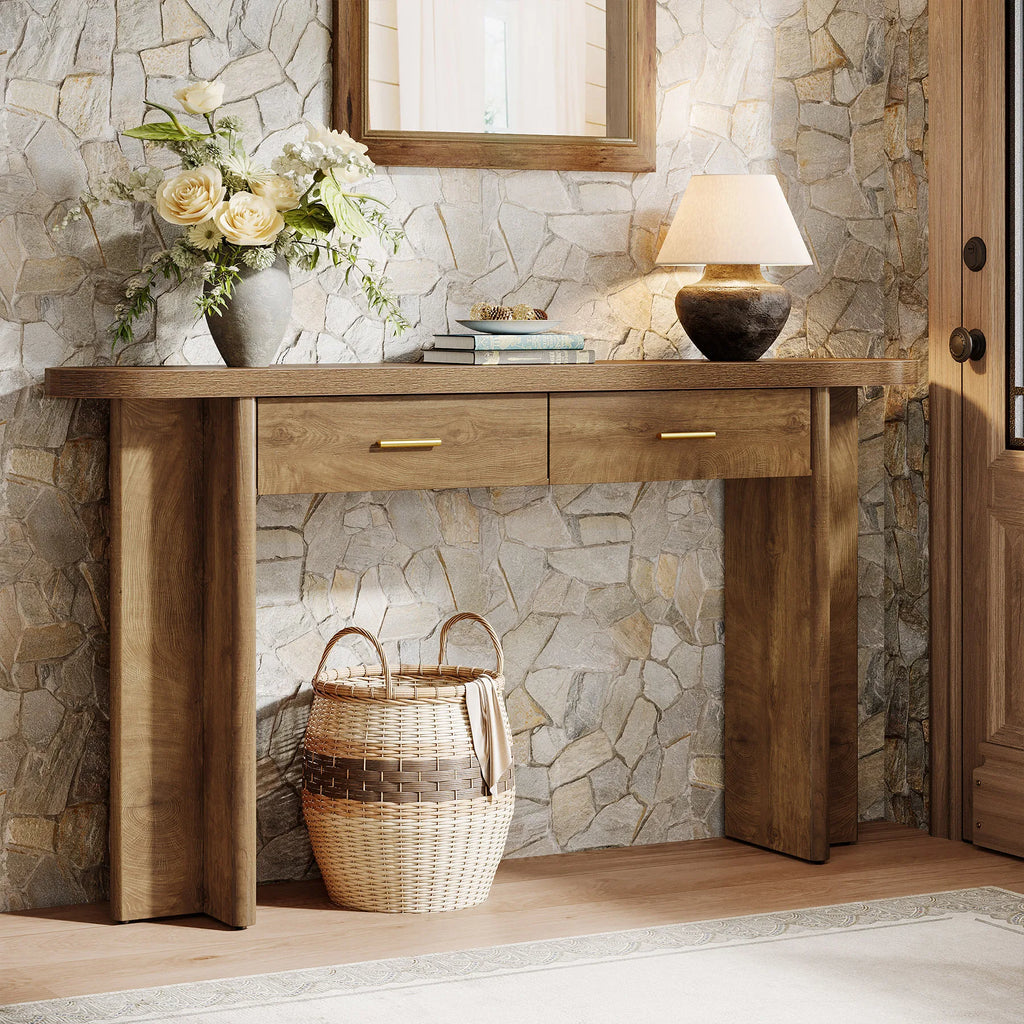 63-Inch Console Table with 2 Drawers, Farmhouse Oval Curved Entryway Table with Storage for Living Room, Hallway, Entrance, Brown