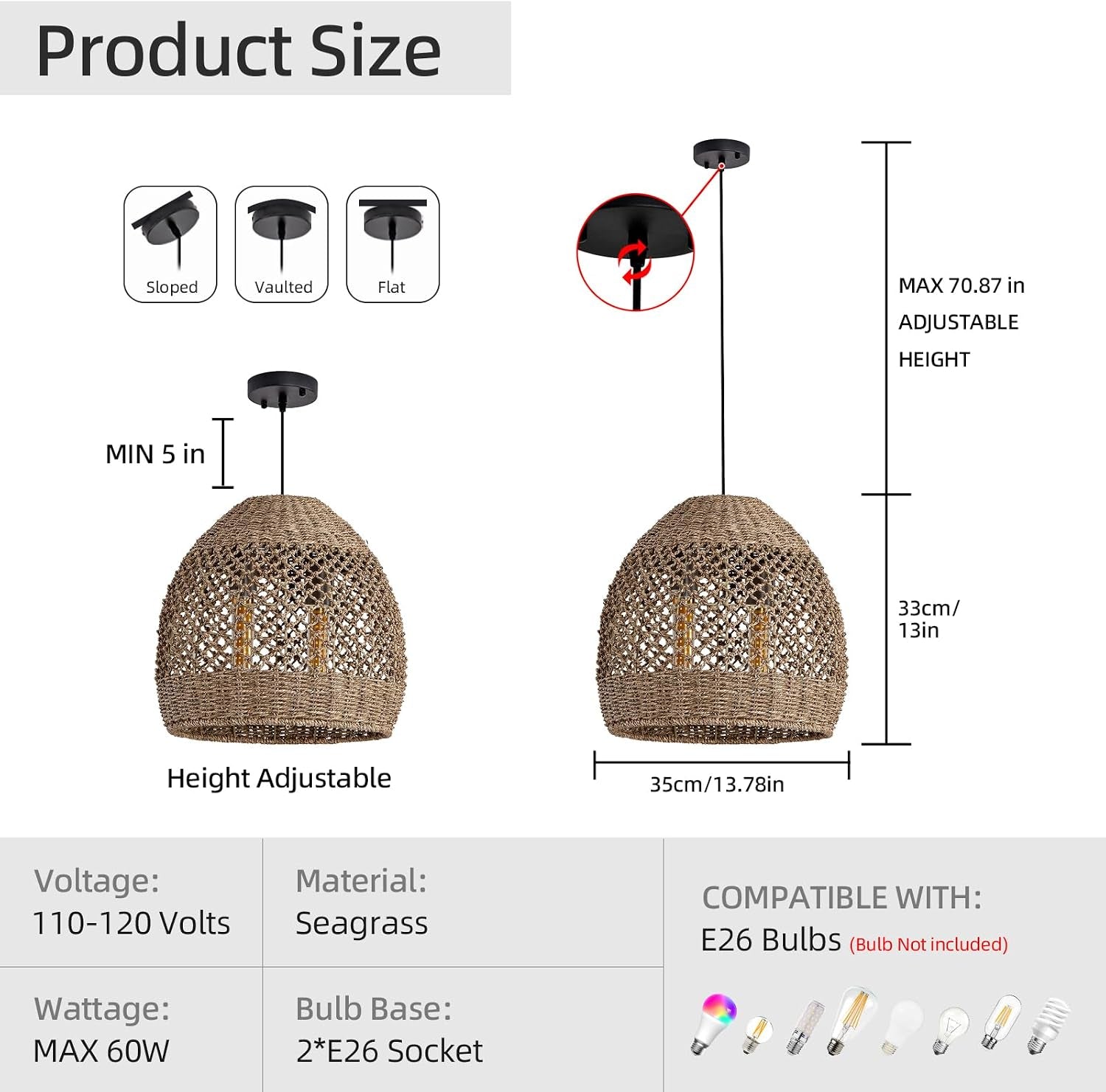 2-Light Rattan Pendant Light Boho Wicker Chandelier | 13.78" Handwoven Bamboo Lights Fixture ,Seagrass Ratan Hanging Lamp for Dining Kitchen Island Living Room Bedroom