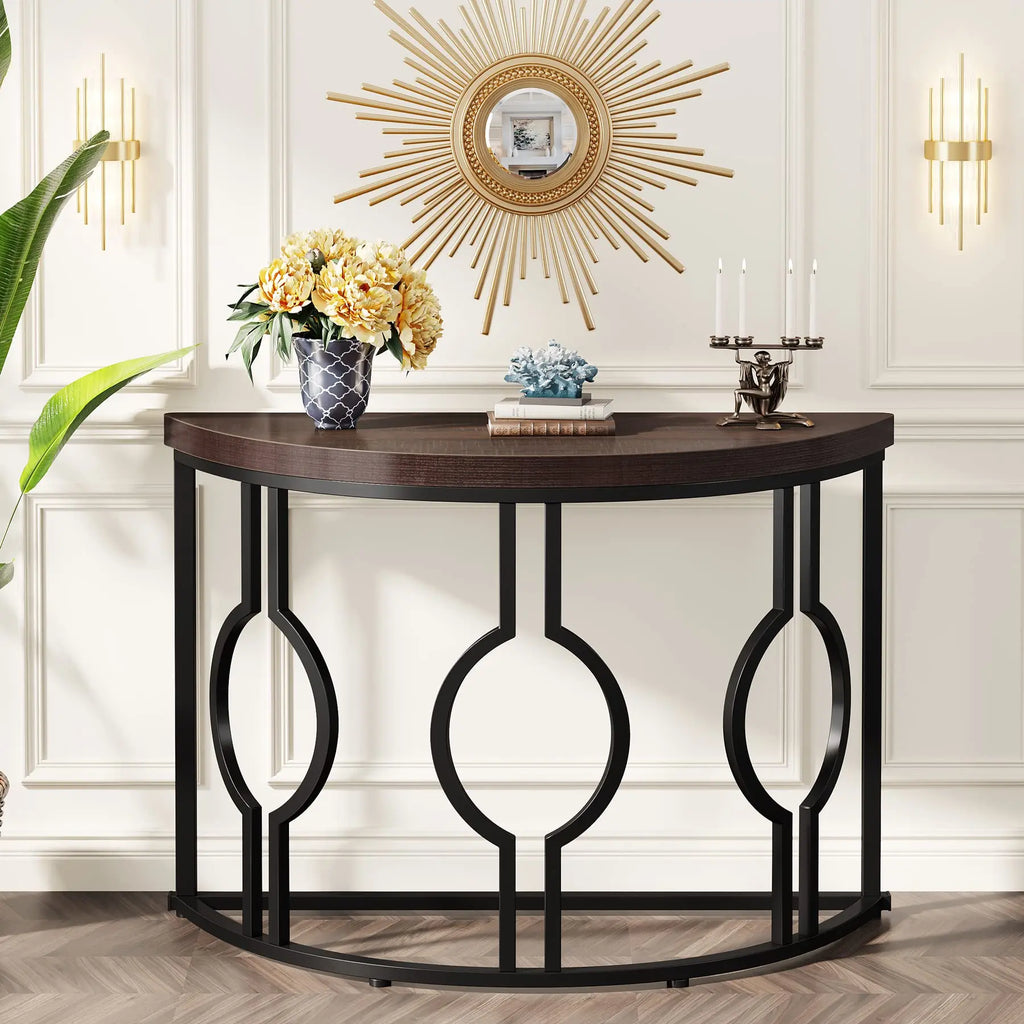 Half Moon Console Table for Entryway, 43 Inch Industrial Semi Circle Sofa Table with Geometric Base, Wood Accent Tabl