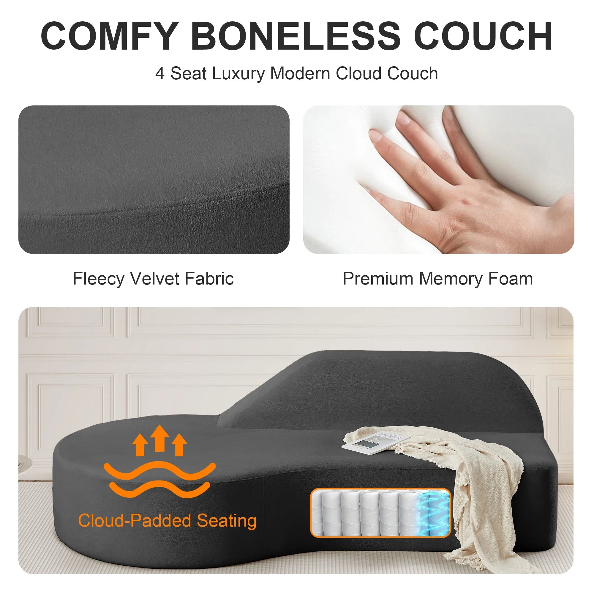91" Modern Cloud Sofa Curved Boneless Couch Deep Seat Sofa for Living Room Bedroom, Chenille, Dark Gray