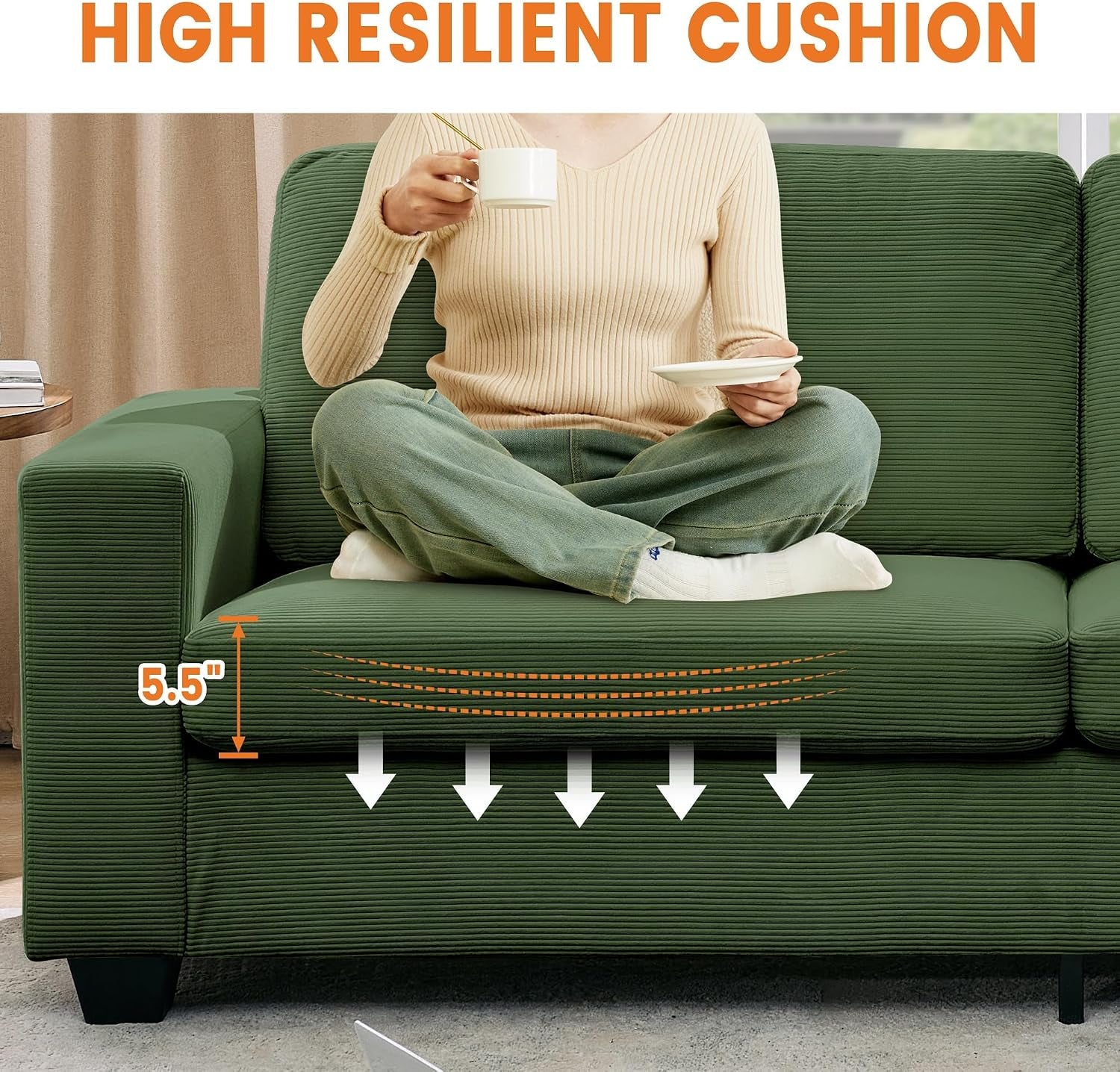 84" Corduroy Loveseat Sofa for Living Room, Modern Upholstered Sofa with Wide Armrests, Modern Plush Deep Seat Sofa Couch, Oversized Comfy 3-Seater Sofa for Living Room, Apartment, Green