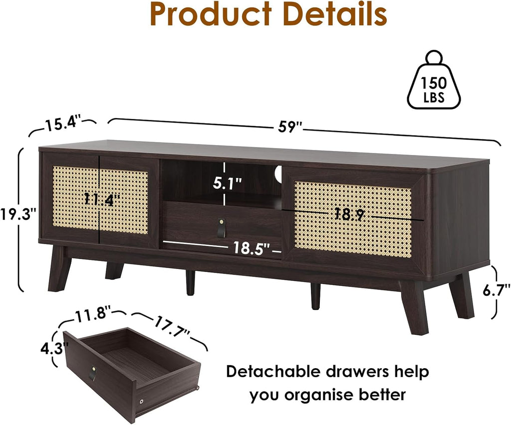 Rattan TV Stand for Tvs, Wood TV Stand Mid Century Modern TV Stand TV Media Console with Drawer and 2 Cabinets, Boho Entertainment Center for Living Room