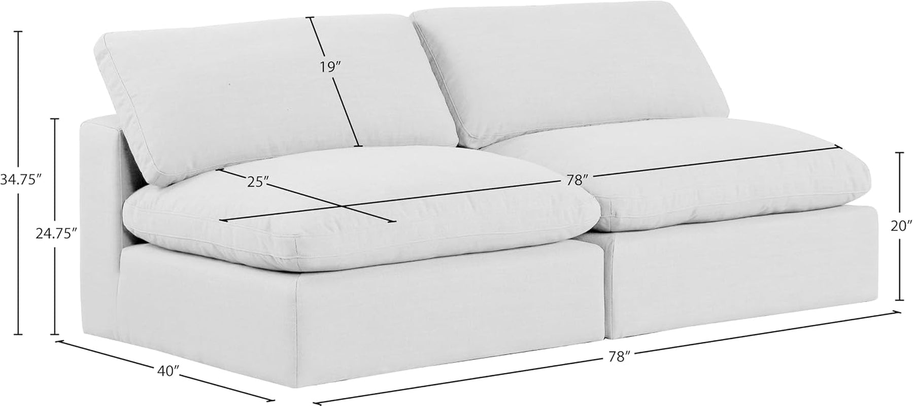 187White-S78 Comfy Collection Modern | Contemporary Upholstered Modular Sofa with White Linen Textured Fabric Upholstery, down Feather Cushions, 78" W X 40" D X 34.5" H, White