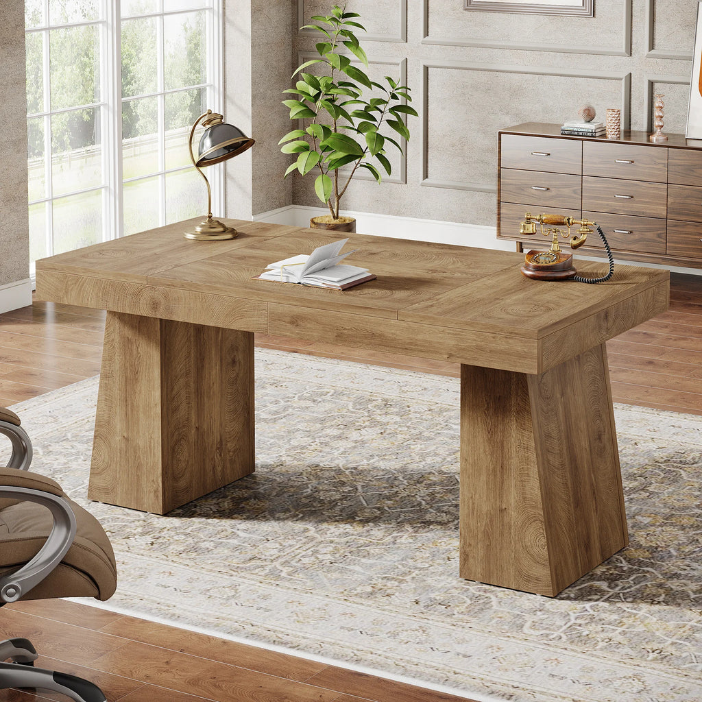 55-Inch Executive Desk, Large Wood Office Computer Desk with Double Pedestal, Modern Minimalist Workstations