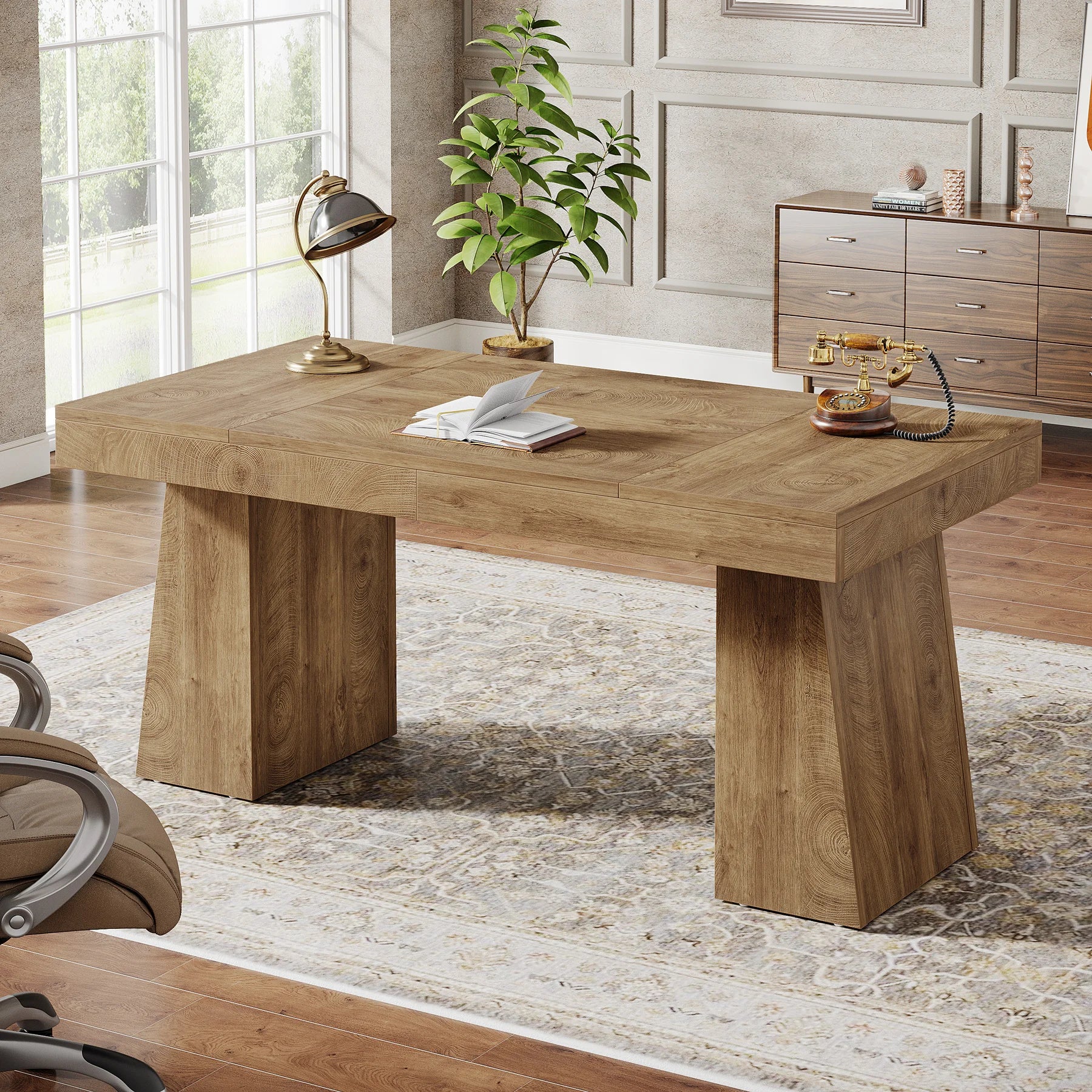 55-Inch Executive Desk, Large Wood Office Computer Desk with Double Pedestal, Modern Minimalist Workstations