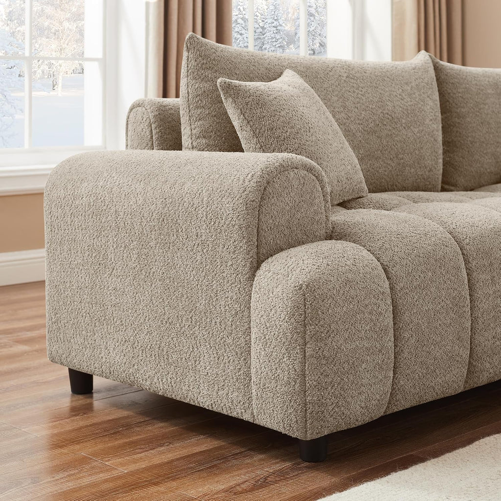 91" Boucle Tufted Sofa, 3 Seater Cloud Couch with Pillows, Camel | Upholstered Cloud Couches, Modern Deep Seat Sherpa Couch for Living Room, Bedroom, Apartment, Comfy Sofa with Back Pillows