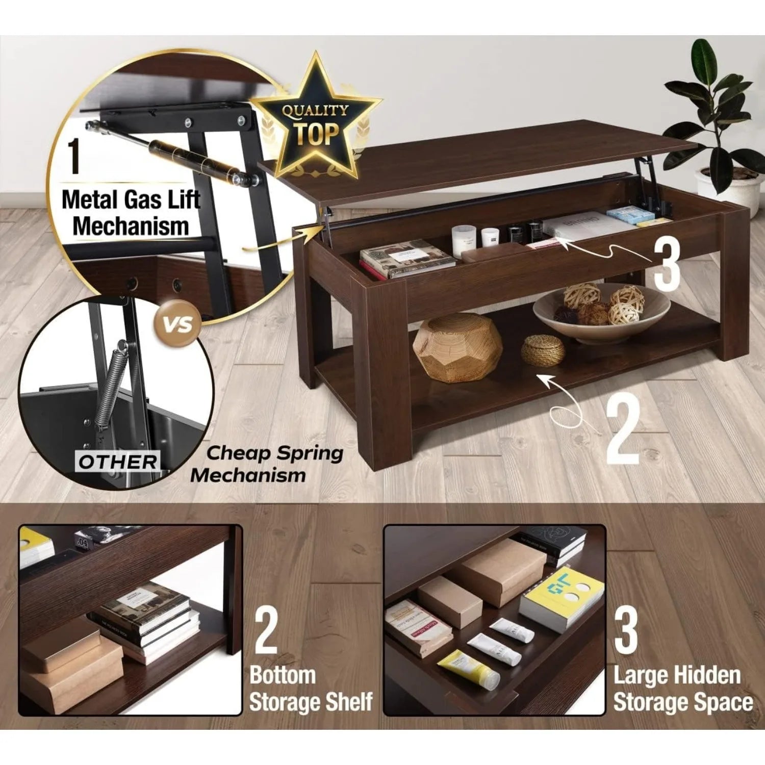 41" Lift Top Coffee Table with Hidden Storage Compartment & Rising Tabletop