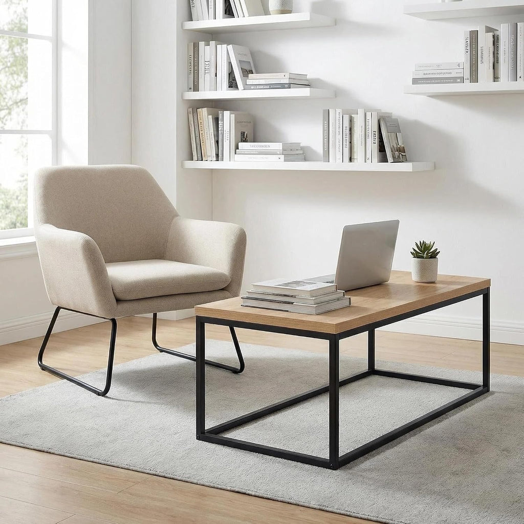40" Natural Oak Coffee Table, Extra Thick 1.2" Top | Modern Industrial Style, Black Metal Legs, Rectangle Minimalist Design, Sturdy & Easy Assembly