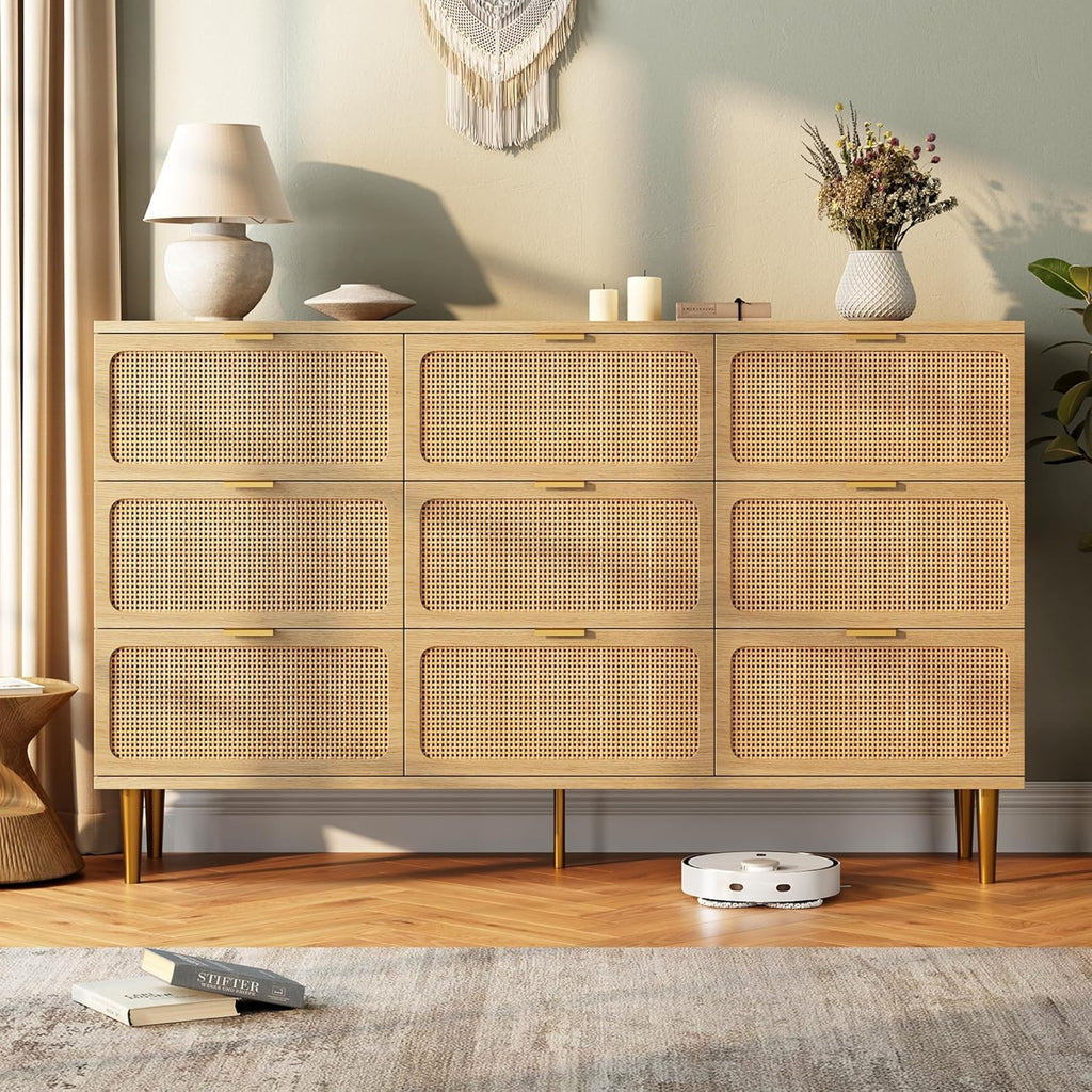 Rattan 9 Drawer Dressers for Bedroom, Deep Drawer, Natural | Tall Dresser, Wide Top, for Living Room, Hallway, Kids Room, Large Chest of Drawers for Closet, Long Wooden Dresser