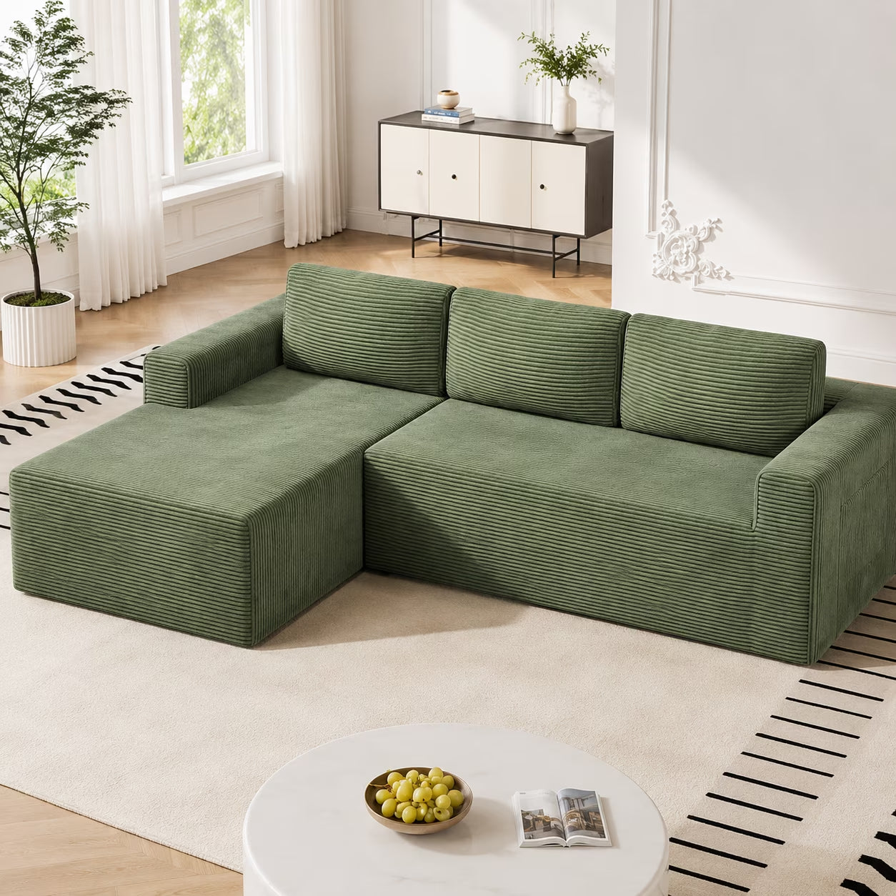 Modular Sectional Sofa Couches L-Shape Couch 3 Seat Modular Sofa Memory Foam Sectional Couches for Living Room, Cloud Couch with Oversized Chaise (Green Stripe, 94.5" Left Facing Chaise)