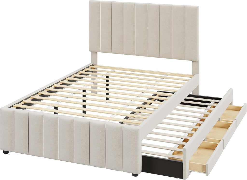 Full Size Bed Frame with Twin Trundle Bed and Storage Drawers,Linen Upholstered Bed Frame,Full Size Trundle Bed with Adjustable Headboard for Kids Teens Adults,Beige