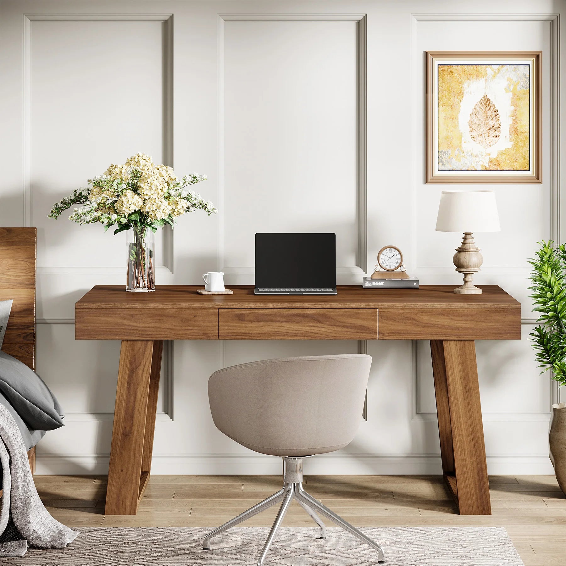 55 Inch Walnut Computer Desk with Drawer, Mid-Century Farmhouse Executive Desk, Rustic Wide Desktop Home Office Desk for Workstation