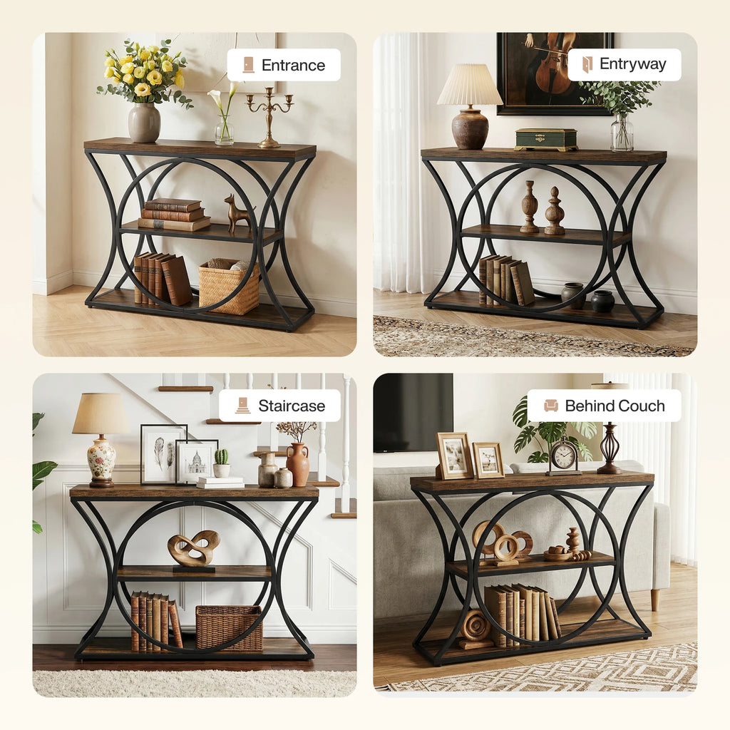 43.34-Inch Industrial Console Table, 3-Tier Sofa Table with Arched Metal Frame, Narrow Accent Entryway Tables with Storage Shelf for Living Room, behind Couch, Hallway, Foyer, Small Spaces