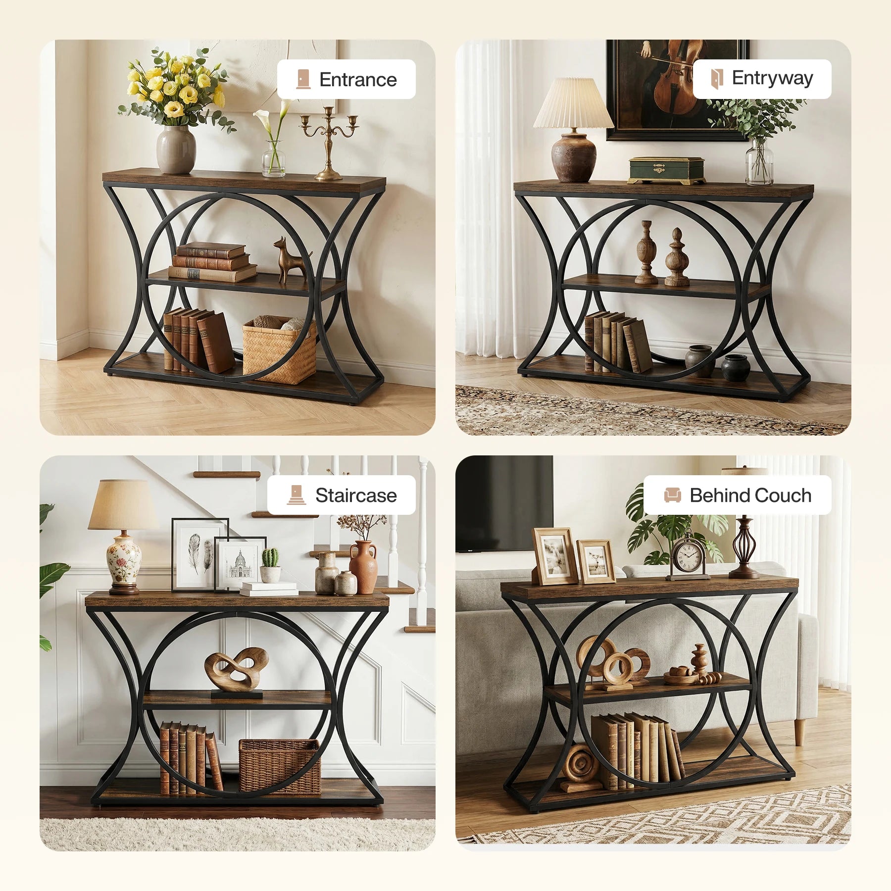 43.34-Inch Industrial Console Table, 3-Tier Sofa Table with Arched Metal Frame, Narrow Accent Entryway Tables with Storage Shelf for Living Room, behind Couch, Hallway, Foyer, Small Spaces