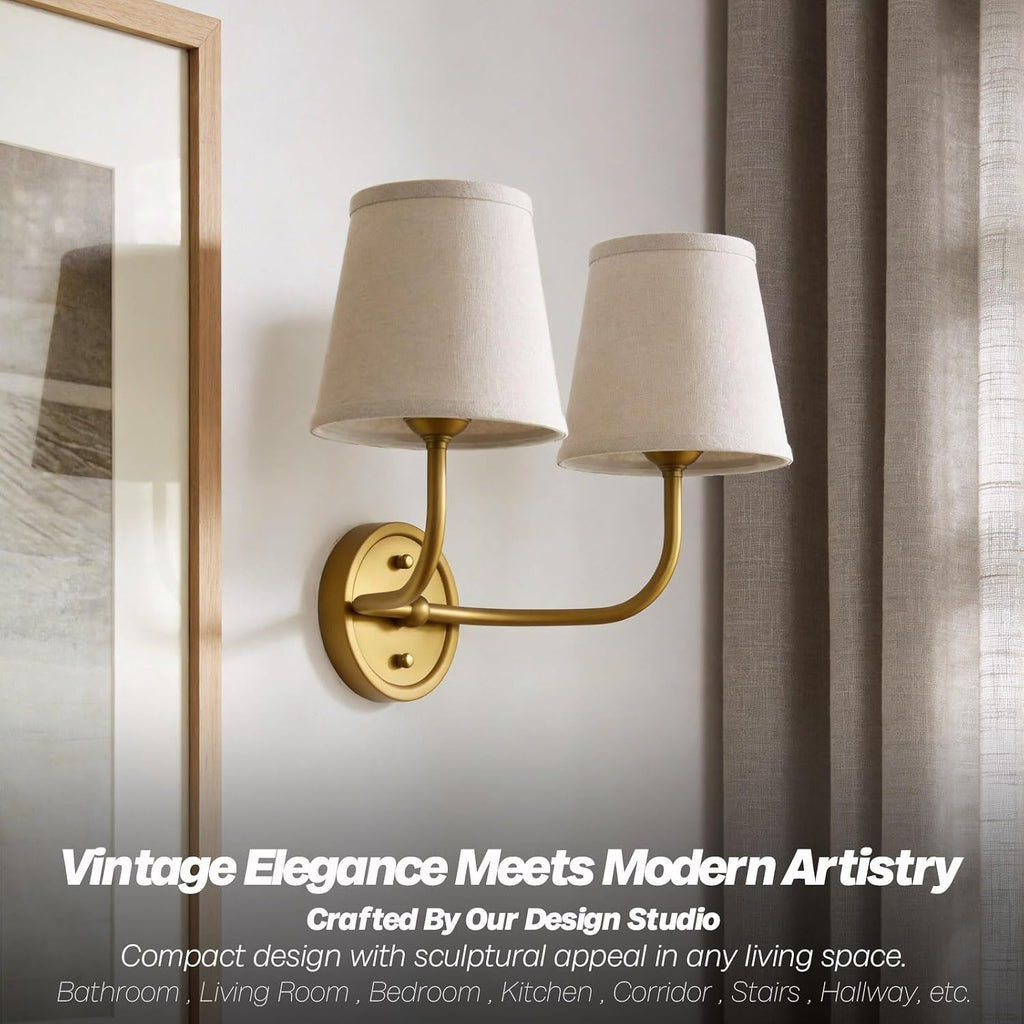 2-Light Vintage Wall Sconce,Brass Gold Double Wall Sconces with Linen Fabric Shade Hardwired Bathroom Vanity Light for Bedroom Living Room Bedside Kitchen Hallway Indoor E26 Base