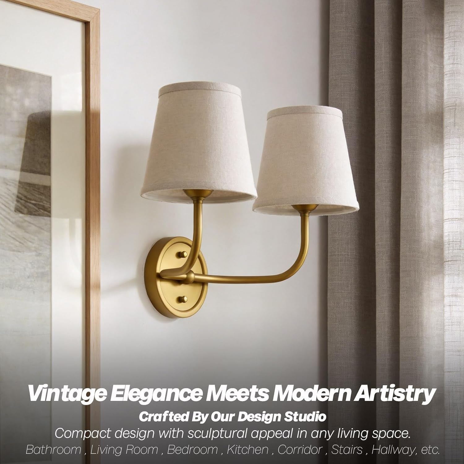 2-Light Vintage Wall Sconce,Brass Gold Double Wall Sconces with Linen Fabric Shade Hardwired Bathroom Vanity Light for Bedroom Living Room Bedside Kitchen Hallway Indoor E26 Base
