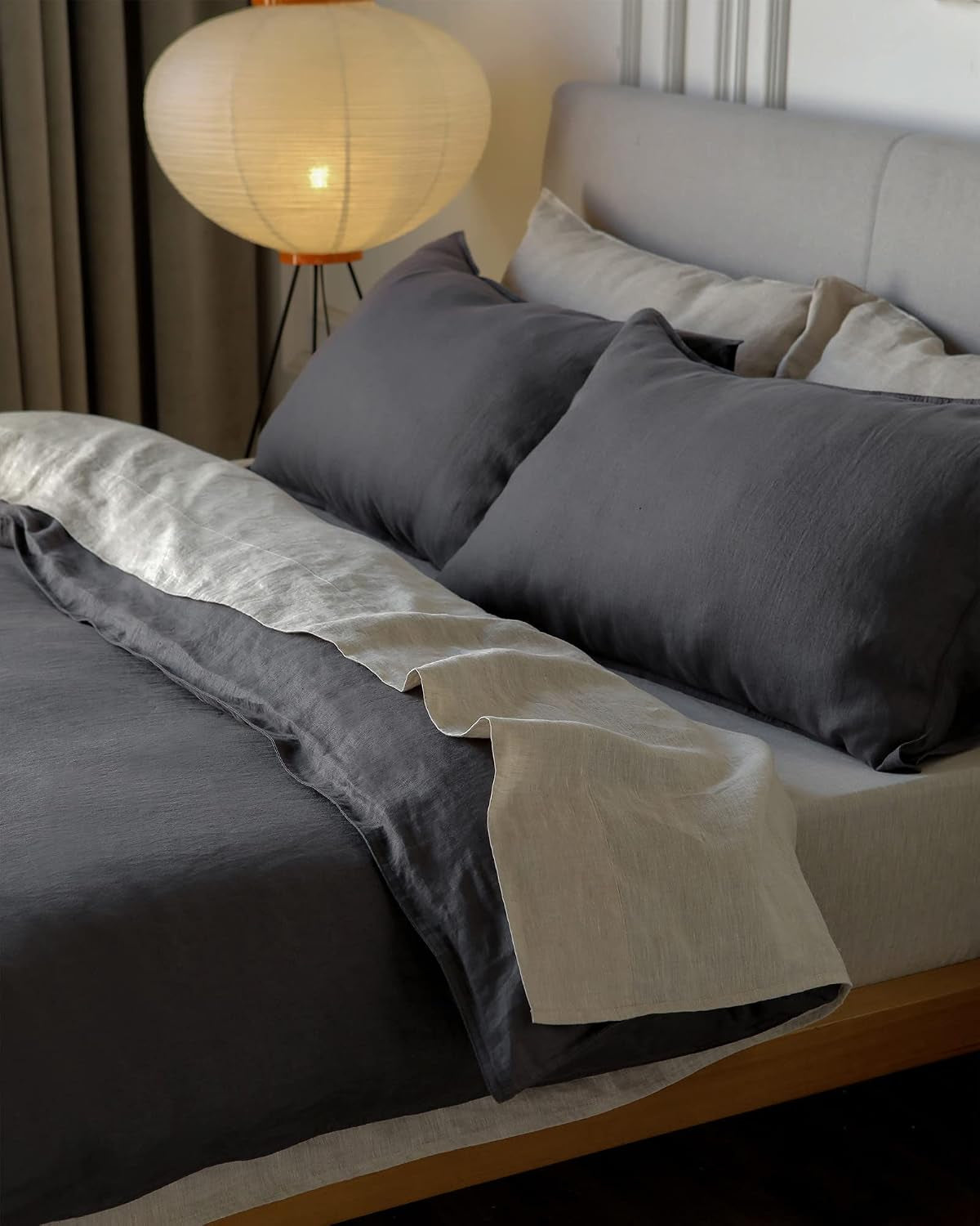 100% Washed French Flax Linen Duvet Cover Set – 3 Pieces, Cooling & Textured Farmhouse Bedding for Hot Sleepers, with Zipper Closure (Dark Gray, Queen)