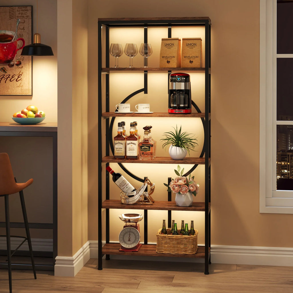 Industrial Bookshelf, Tall Bookcase with Open Shelves, Wood and Metal Display Shelf Storage Shelves