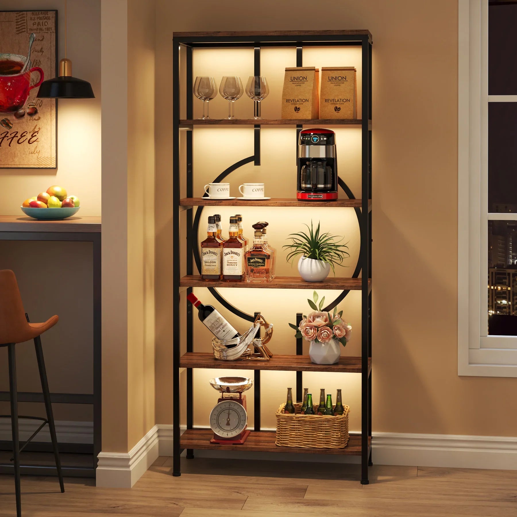 Industrial Bookshelf, Tall Bookcase with Open Shelves, Wood and Metal Display Shelf Storage Shelves
