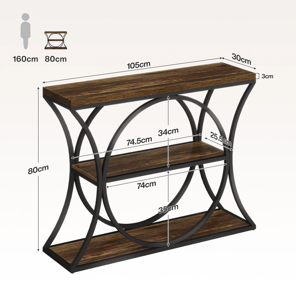 43.34-Inch Industrial Console Table, 3-Tier Sofa Table with Arched Metal Frame, Narrow Accent Entryway Tables with Storage Shelf for Living Room, behind Couch, Hallway, Foyer, Small Spaces