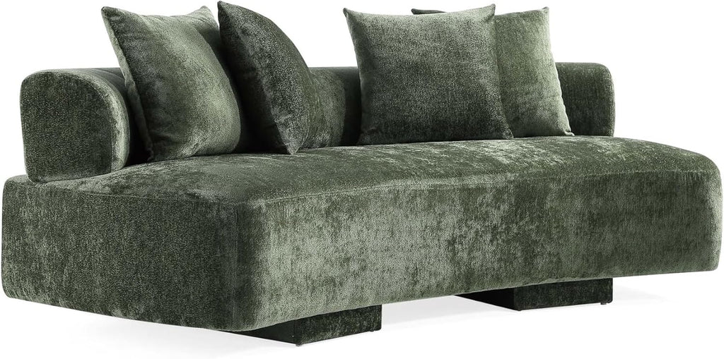 Verandah 90.6” Chenille Sofa with 4 Accent Pillows, Curved Back, Upholstered Wrap around Legs, Mid-Century Modern Living Room Furniture, Fully Assembled Couch, Olive Green